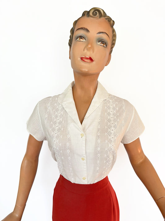 1950s Cotton Broderie Blouse | Medium