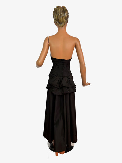XS | 1950s Black Strapless Evening Dress with Bustle