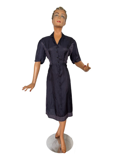 XL/XXL | 1940s Navy Blue Day Dress With Contrast Panels