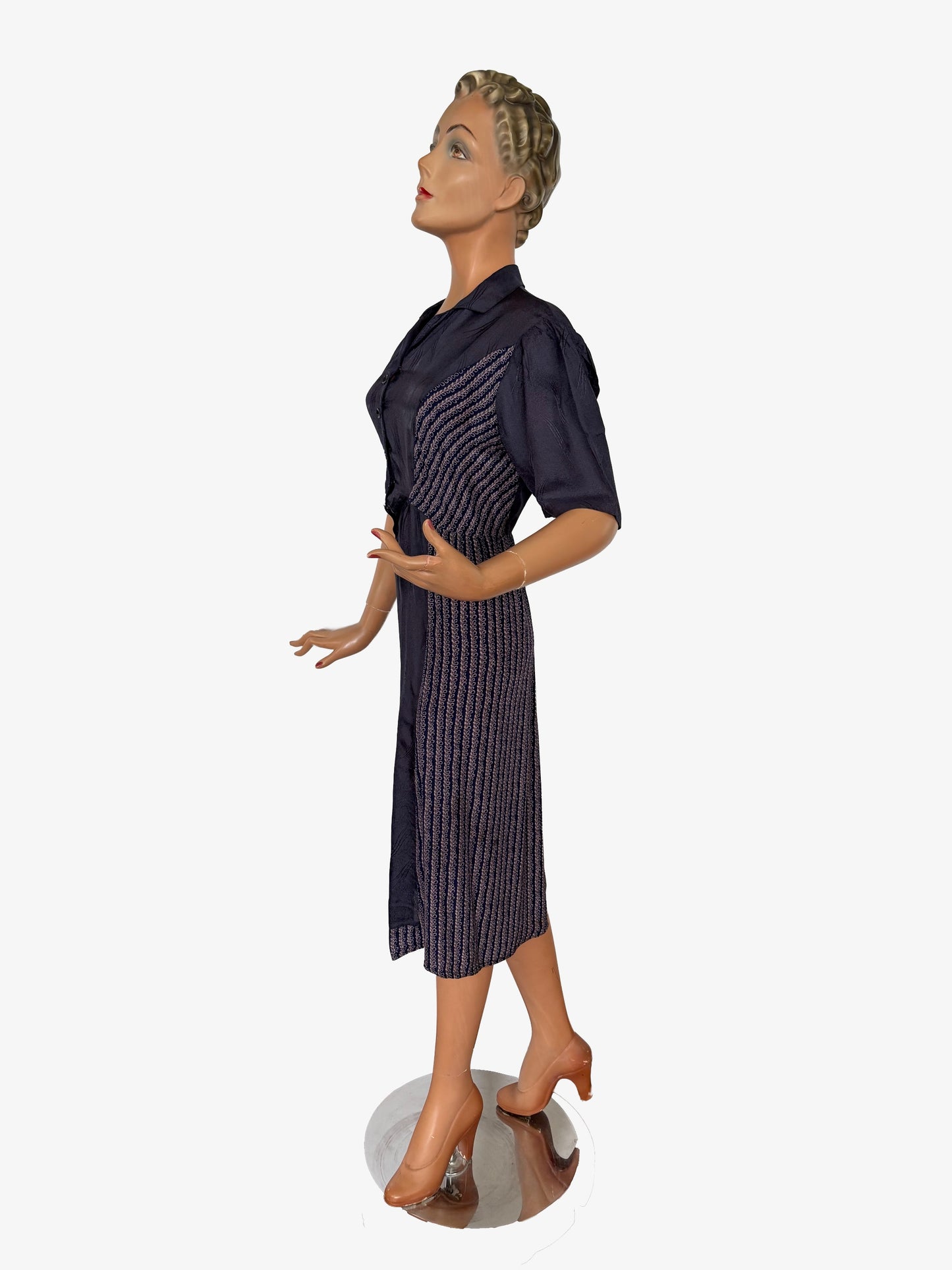 XL/XXL | 1940s Navy Blue Day Dress With Contrast Panels