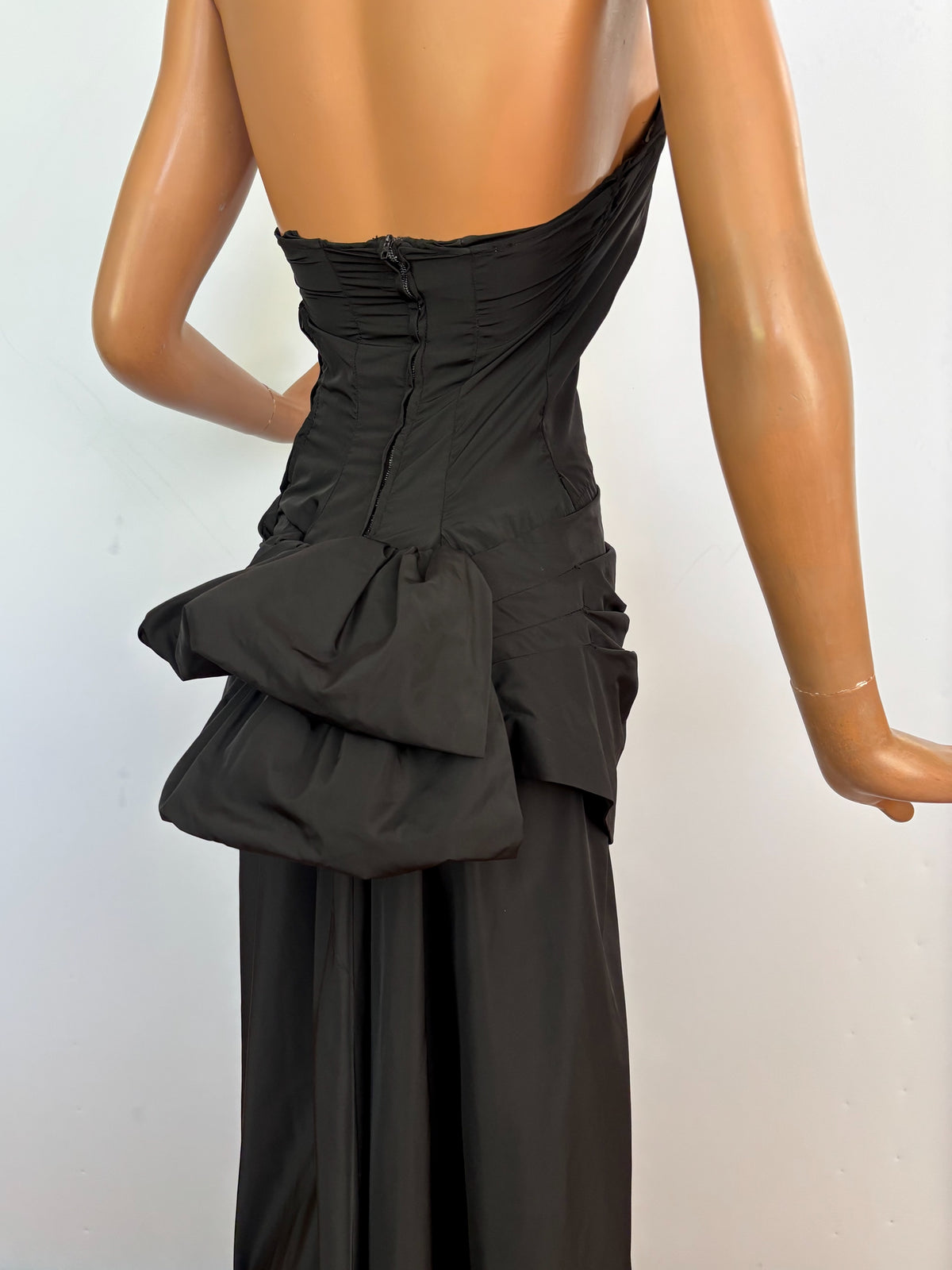 XS | 1950s Black Strapless Evening Dress with Bustle