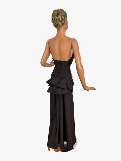XS | 1950s Black Strapless Evening Dress with Bustle