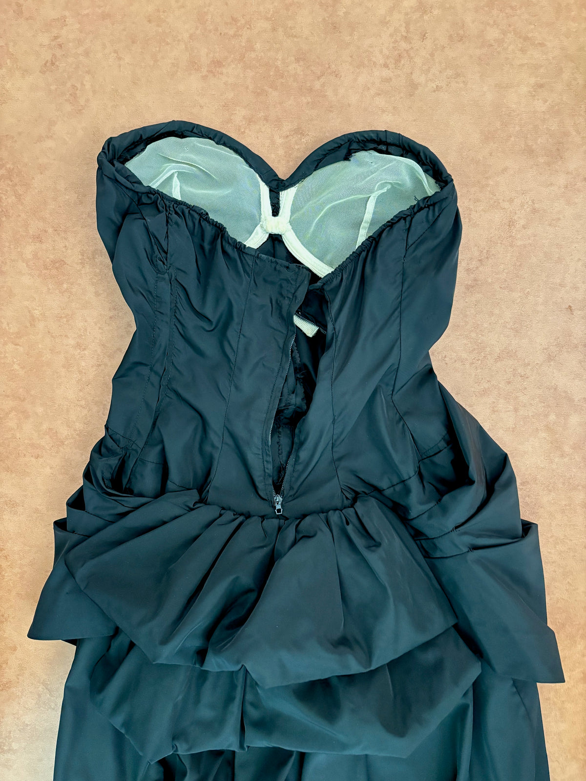 XS | 1950s Black Strapless Evening Dress with Bustle