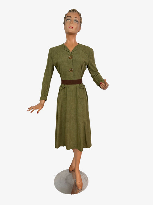 M/L | 1940s Style Olive Green Rayon Day Dress