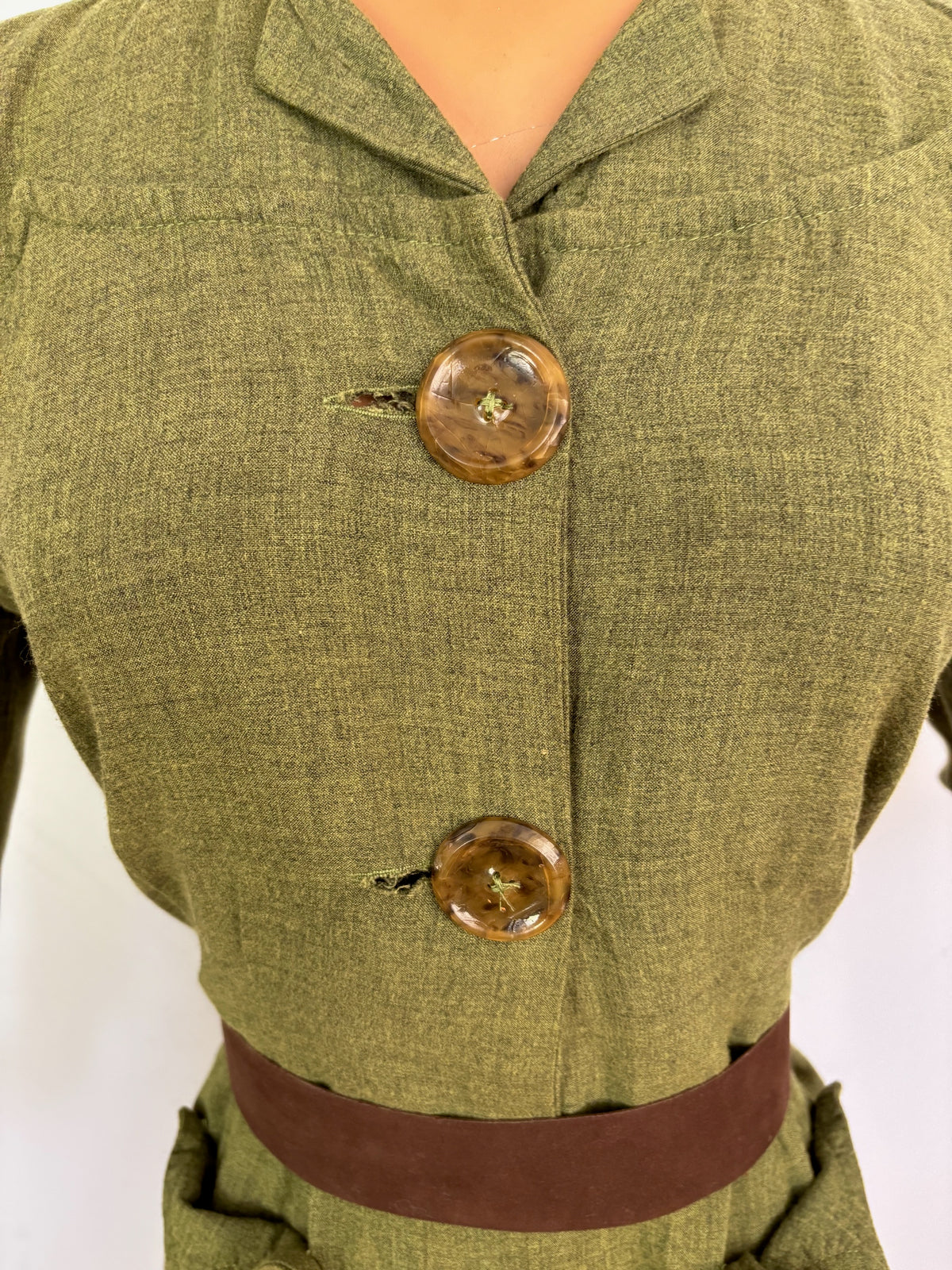 M/L | 1940s Style Olive Green Rayon Day Dress