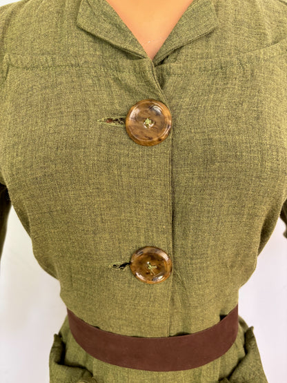M/L | 1940s Style Olive Green Rayon Day Dress
