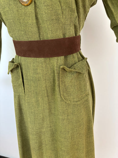 M/L | 1940s Style Olive Green Rayon Day Dress