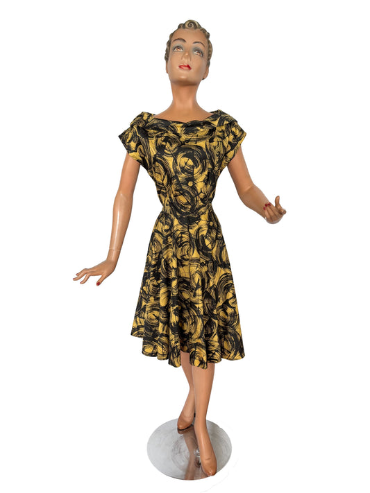 M | 1950s Cotton Poplin Swirl Print Dress