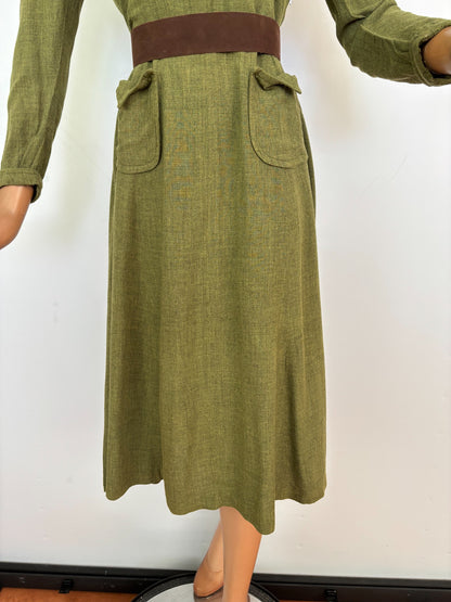 M/L | 1940s Style Olive Green Rayon Day Dress