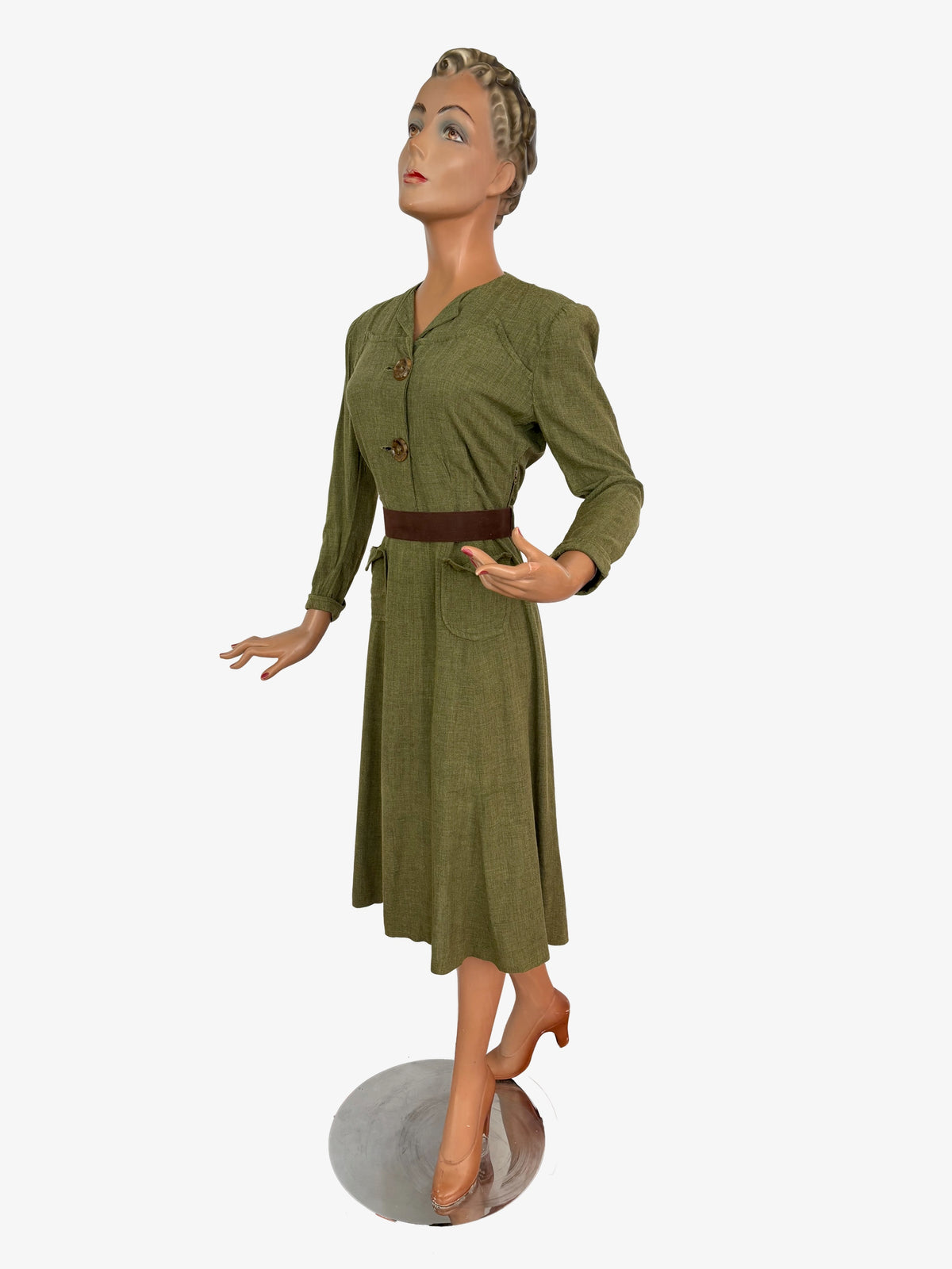 M/L | 1940s Style Olive Green Rayon Day Dress