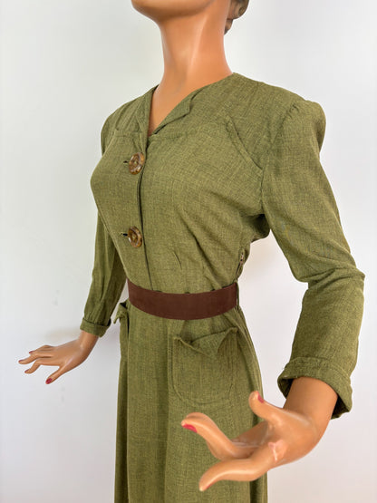 M/L | 1940s Style Olive Green Rayon Day Dress