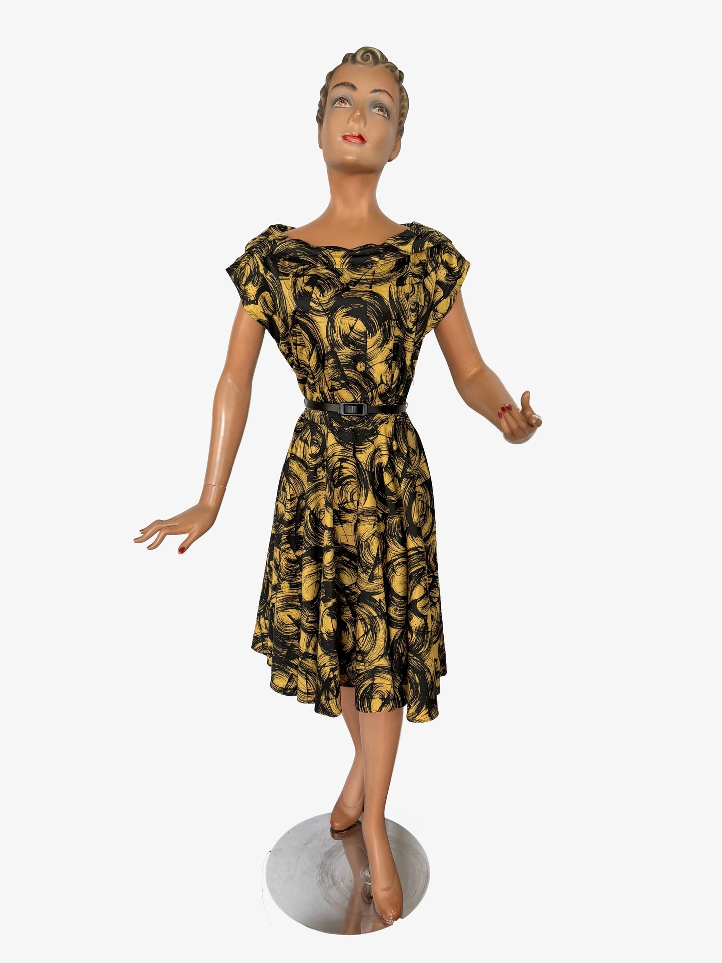 M | 1950s Cotton Poplin Swirl Print Dress