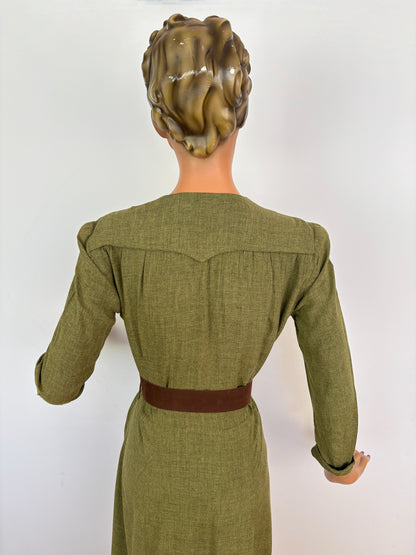 M/L | 1940s Style Olive Green Rayon Day Dress