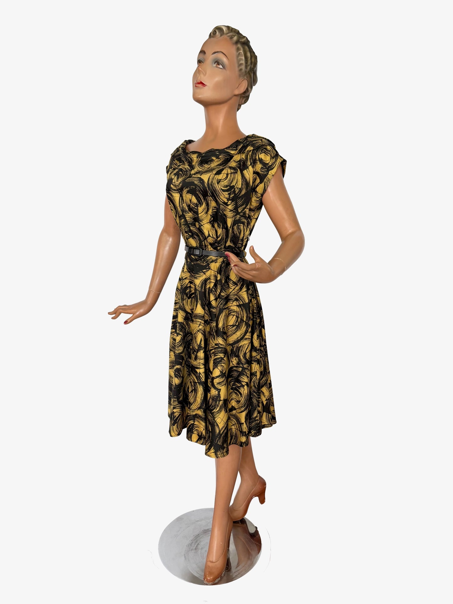 M | 1950s Cotton Poplin Swirl Print Dress