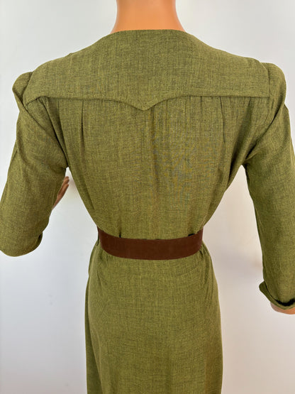 M/L | 1940s Style Olive Green Rayon Day Dress