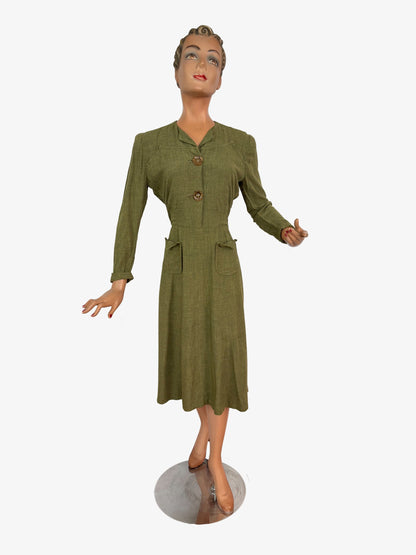 M/L | 1940s Style Olive Green Rayon Day Dress