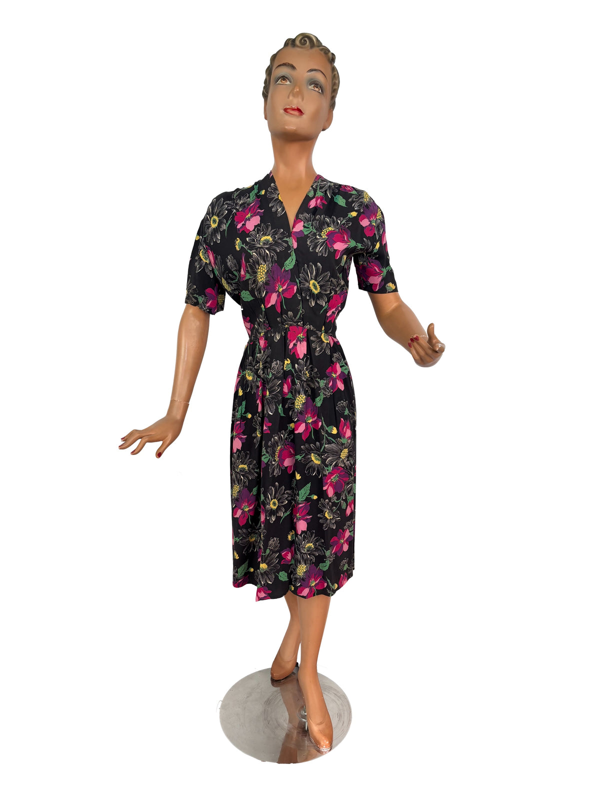 XL | 1940s/50s Black Floral Rayon Dress
