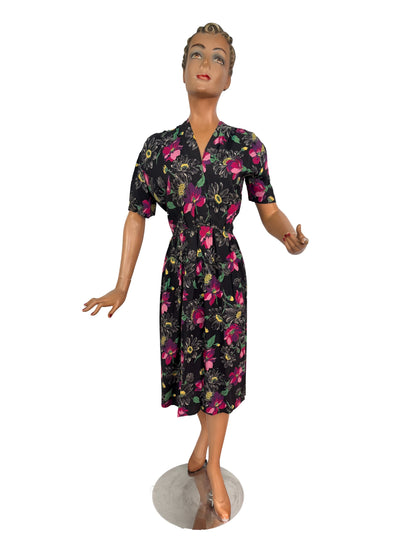 XL | 1940s/50s Black Floral Rayon Dress