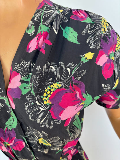 XL | 1940s/50s Black Floral Rayon Dress