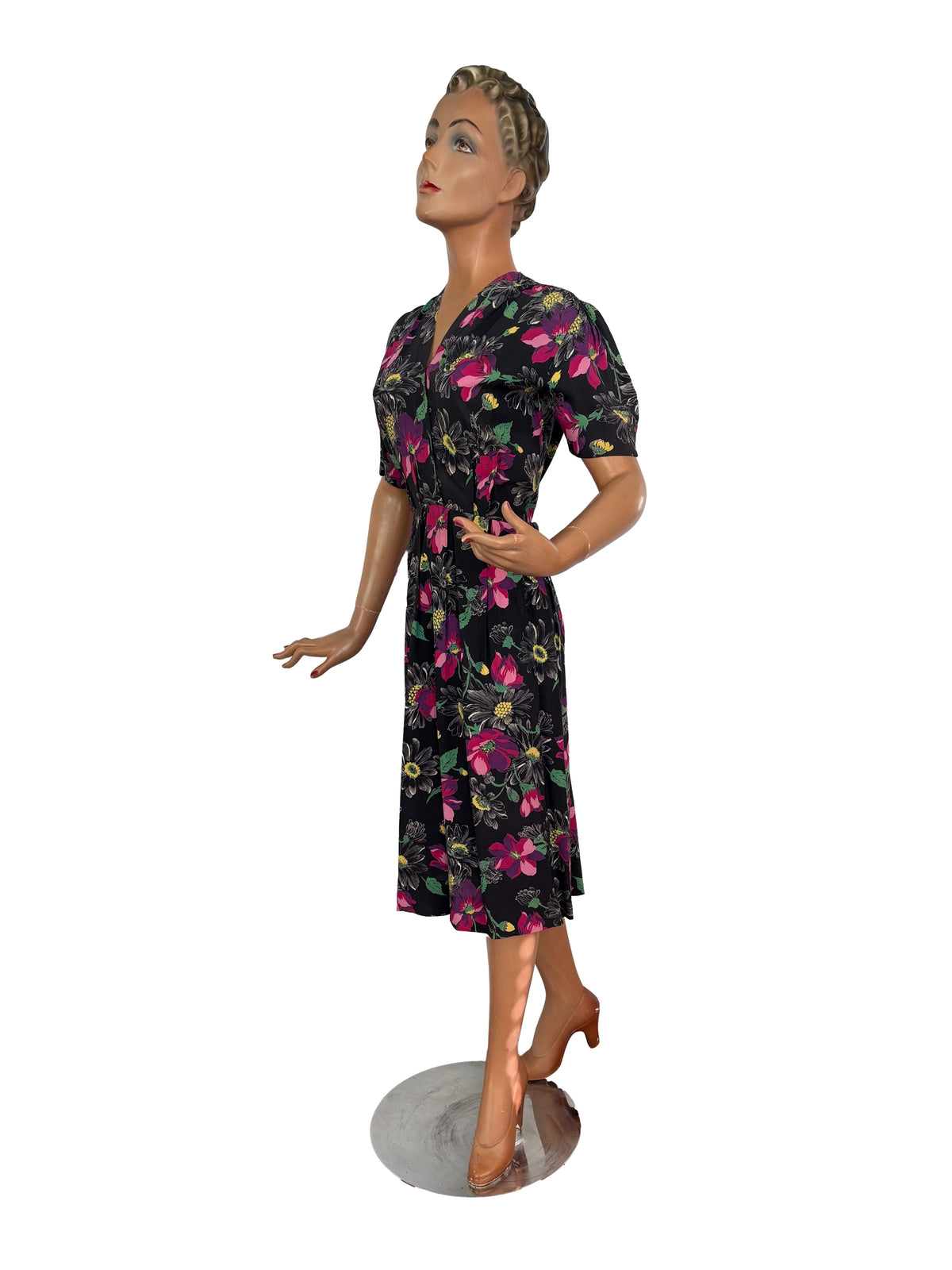 XL | 1940s/50s Black Floral Rayon Dress