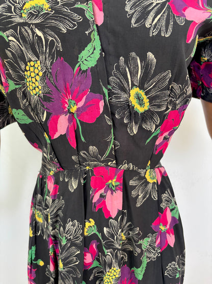 XL | 1940s/50s Black Floral Rayon Dress