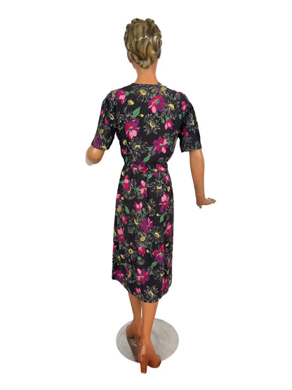 XL | 1940s/50s Black Floral Rayon Dress