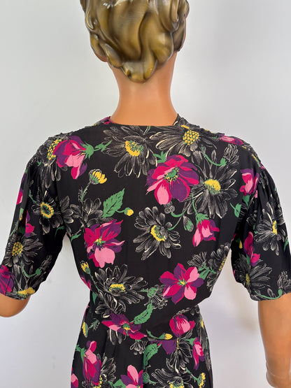 XL | 1940s/50s Black Floral Rayon Dress
