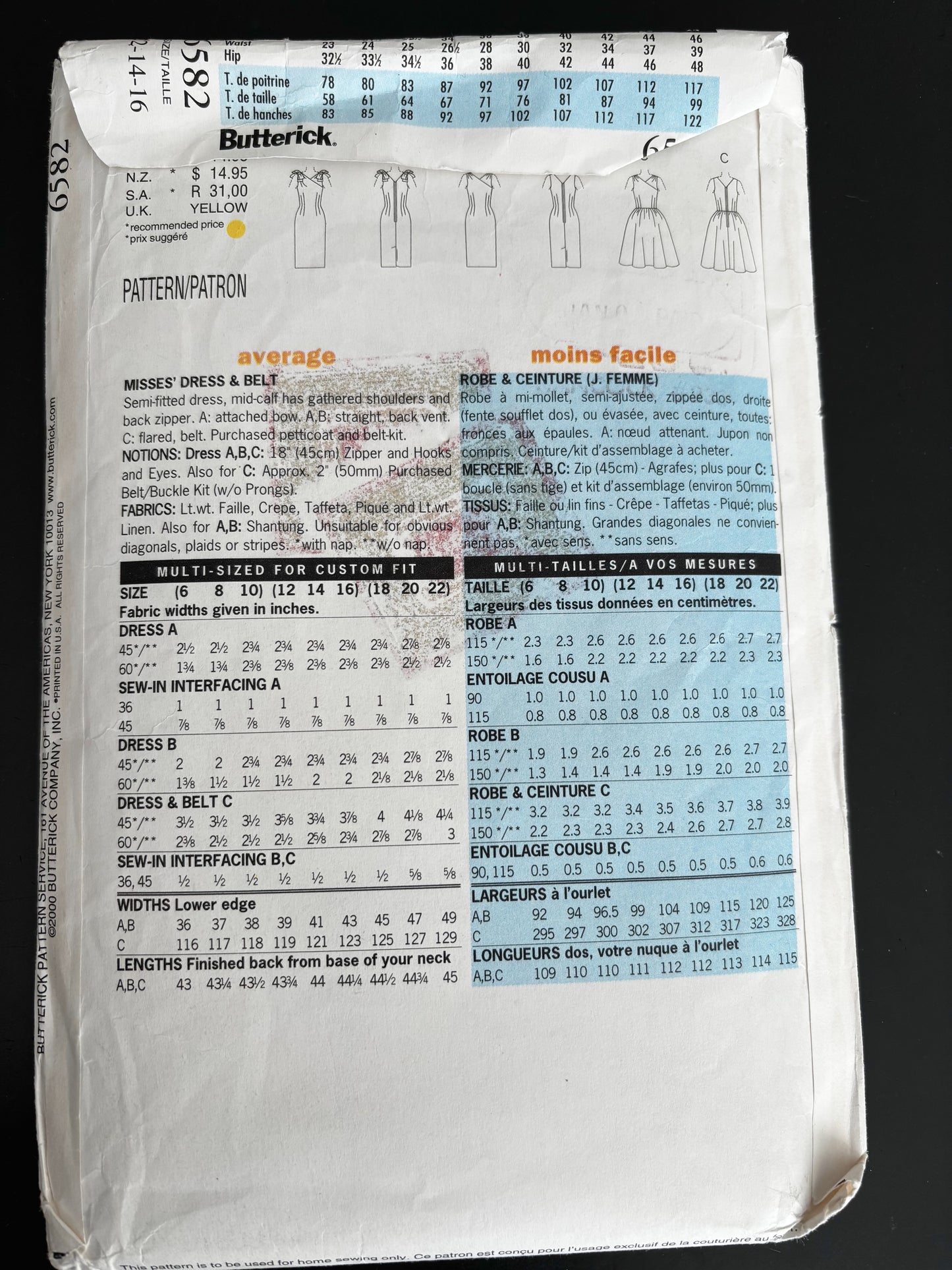 1960 Retro Butterick 6582 Sewing Pattern Misses' Dress and Bełt - Sizes 12 - 16