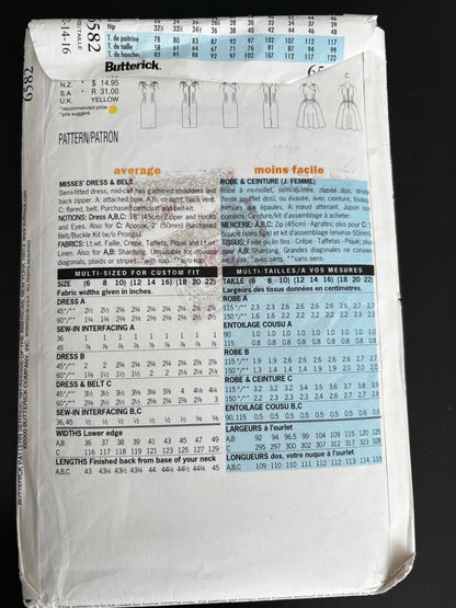 1960 Retro Butterick 6582 Sewing Pattern Misses' Dress and Bełt - Sizes 12 - 16