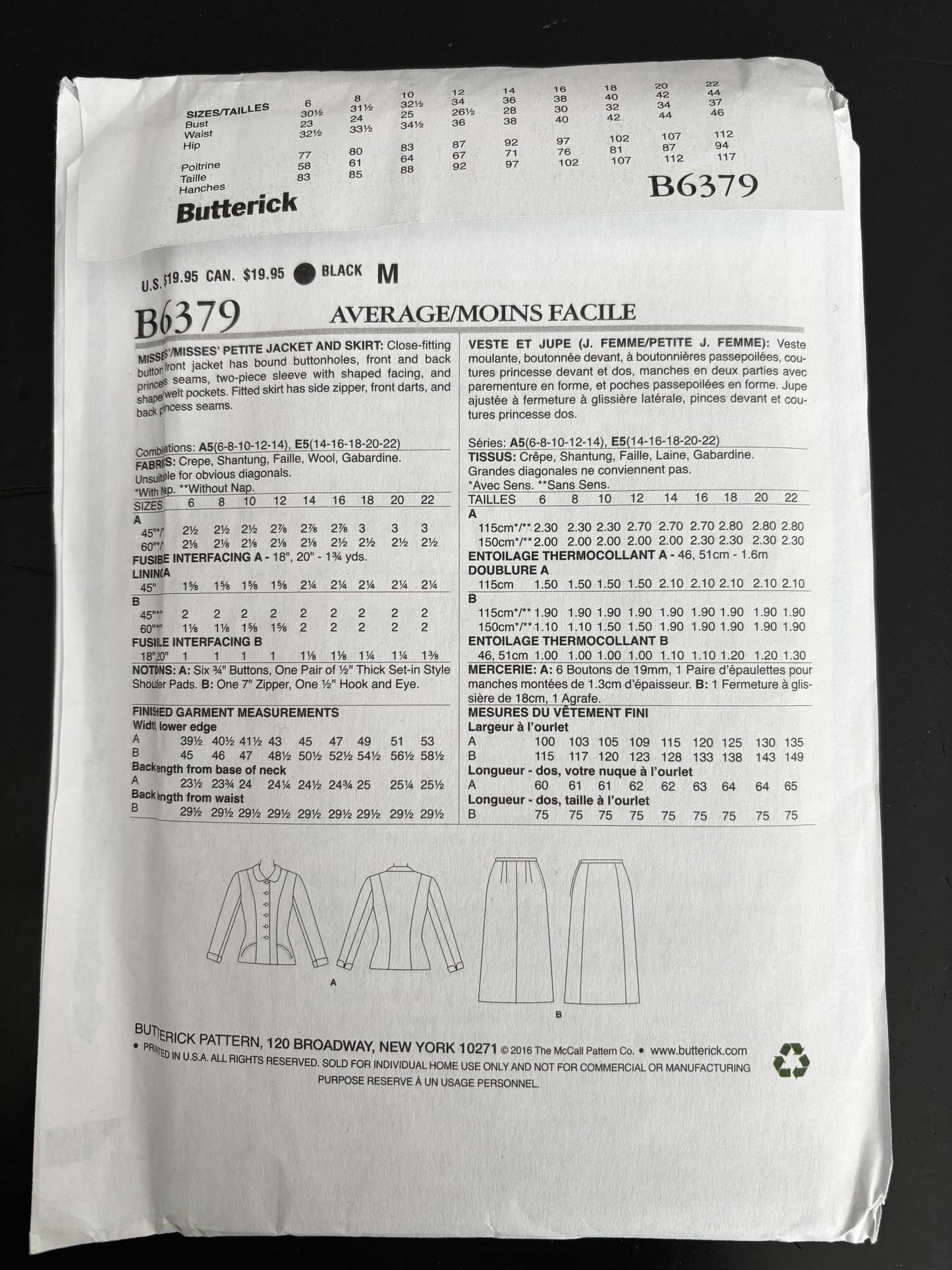 1950 Retro Butterick B6379 Sewing Pattern Misses' Petite jacket and Skirt - Sizes 6 - 14