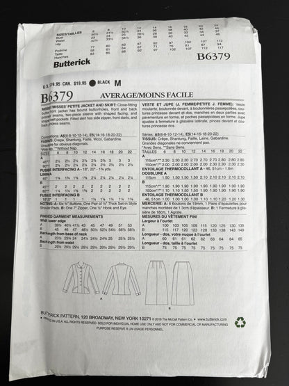 1950 Retro Butterick B6379 Sewing Pattern Misses' Petite jacket and Skirt - Sizes 6 - 14