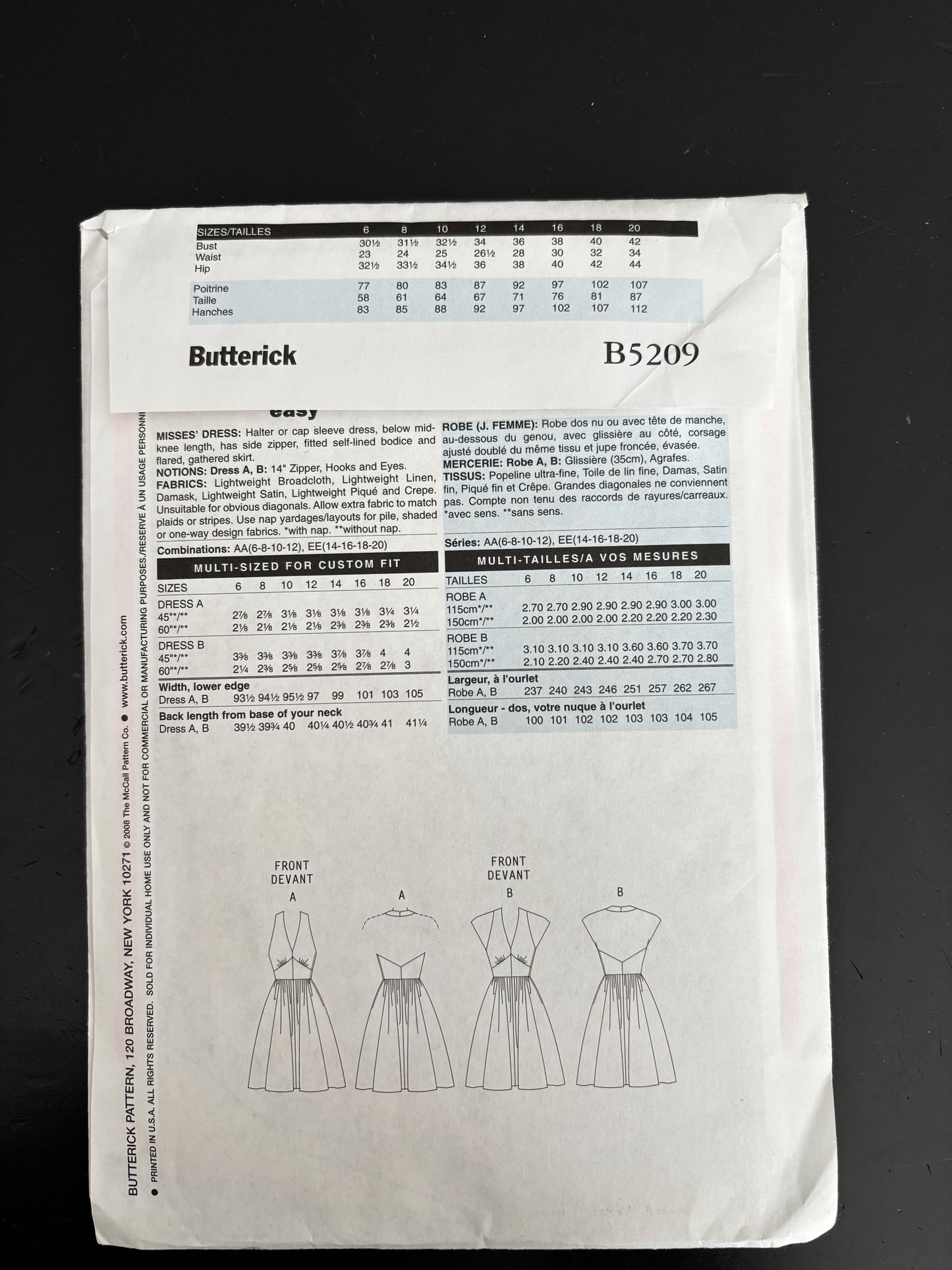 1947 Retro Butterick B5209 Sewing Pattern Misses' Dress - Sizes 14 - 20