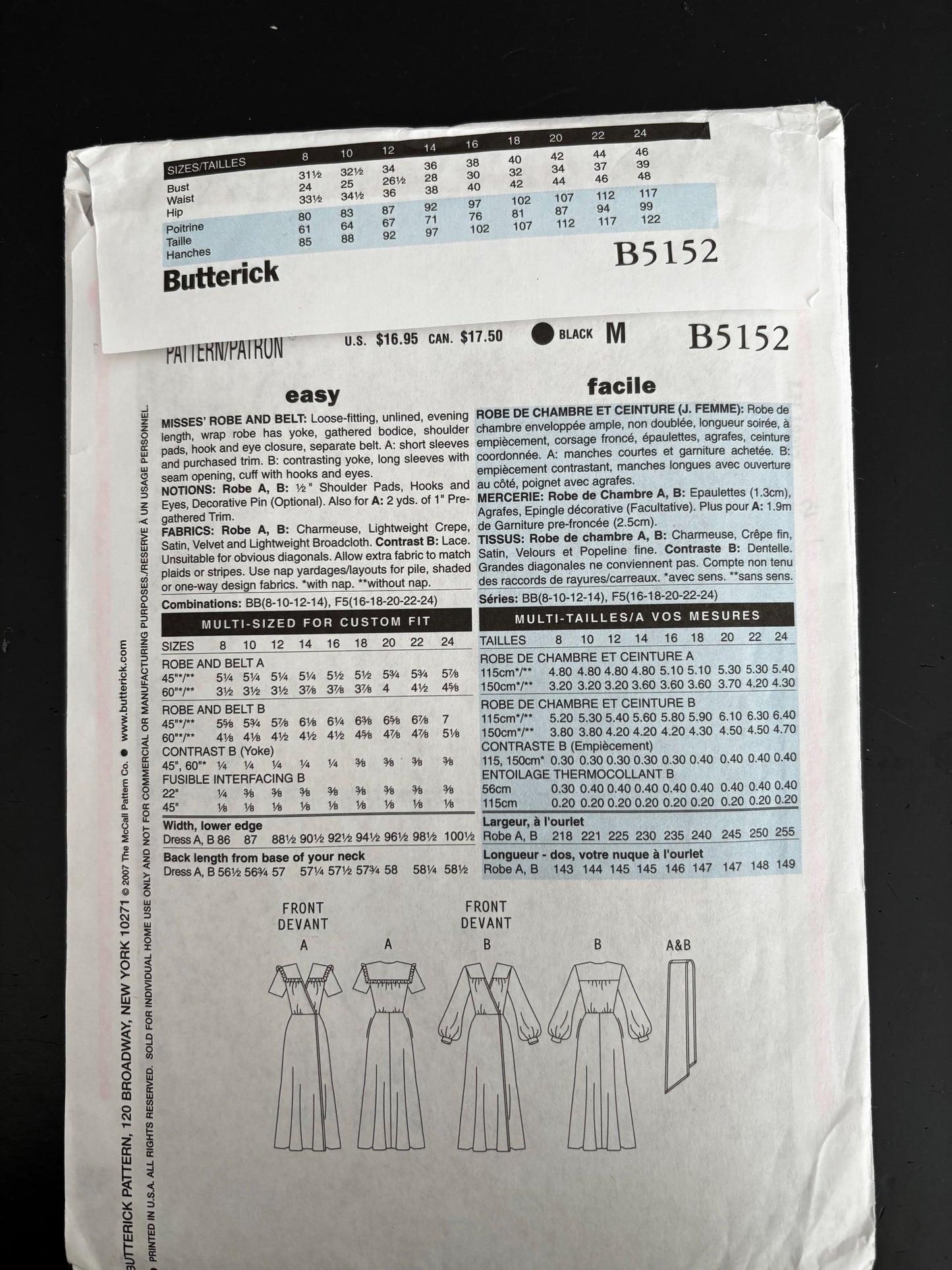 1948 Retro Butterick B5152 Sewing Pattern Misses' Robe and Belt - Sizes 8 - 14