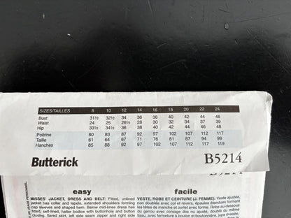 1947 Retro Butterick B5214 Sewing Pattern Misses' Jacket Dress and Belt - Sizes 16 - 24