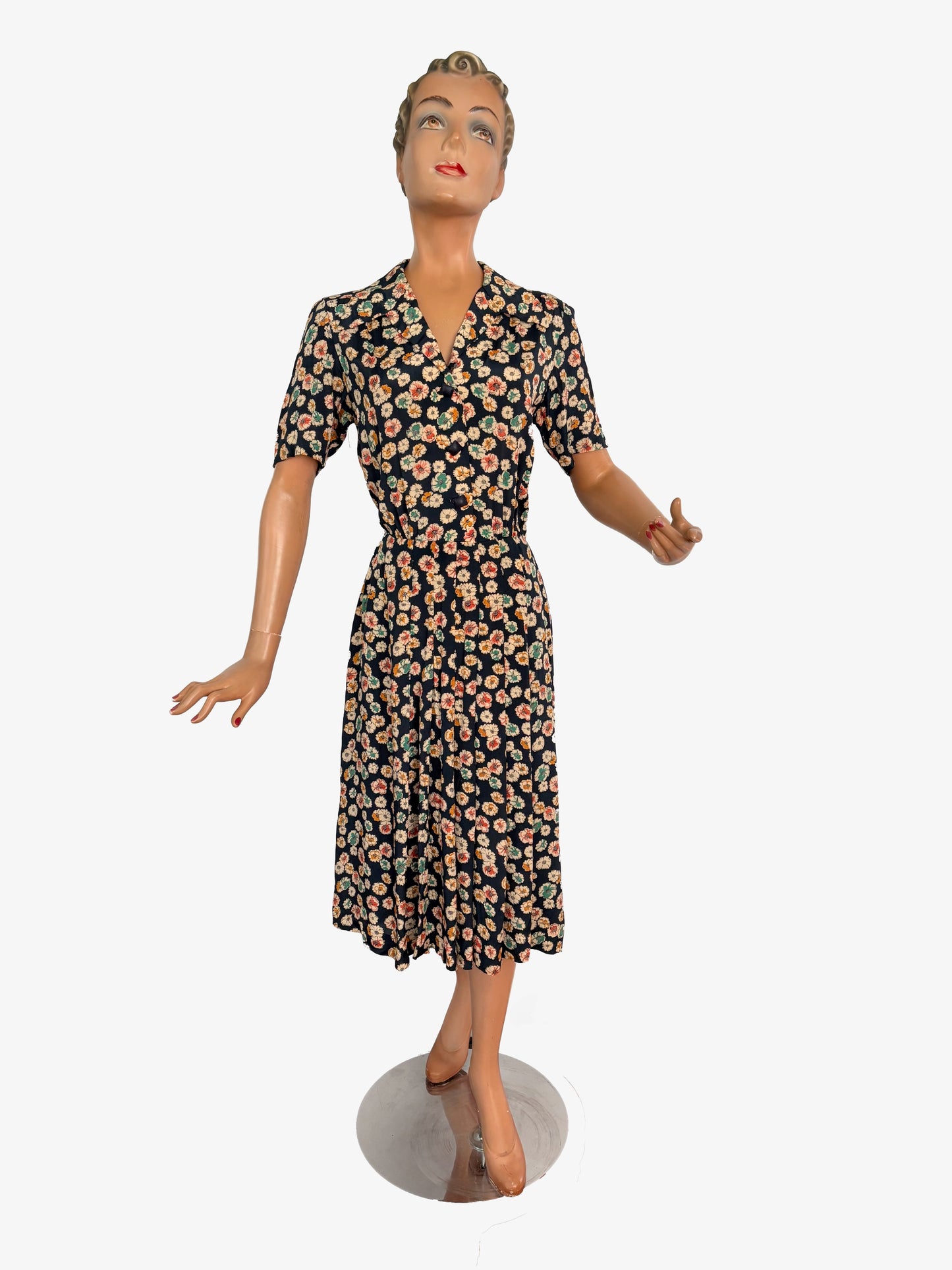 S | 1940s Rayon Floral Dress