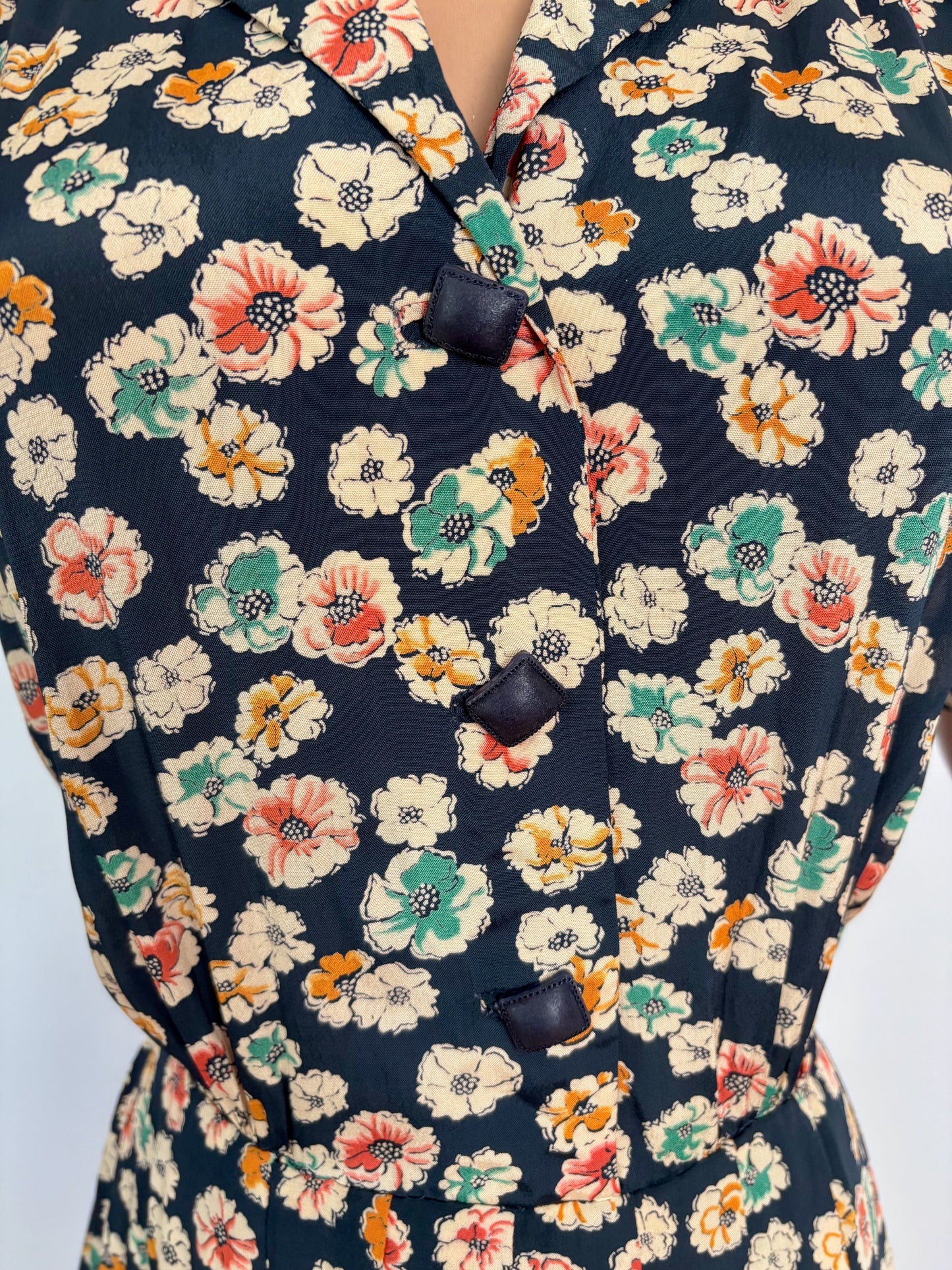 S | 1940s Rayon Floral Dress