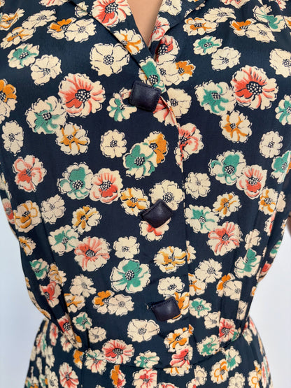 S | 1940s Rayon Floral Dress