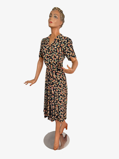 S | 1940s Rayon Floral Dress