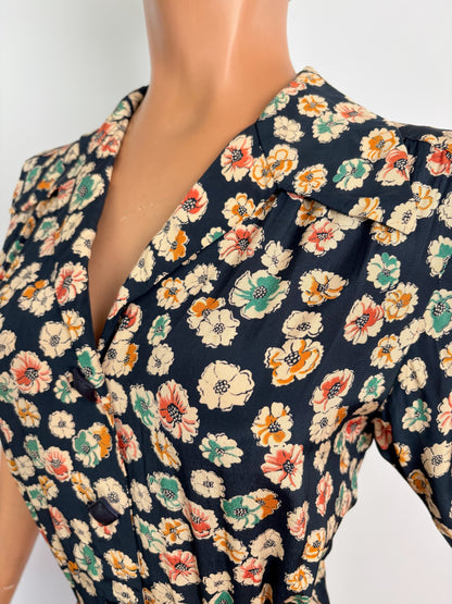 S | 1940s Rayon Floral Dress