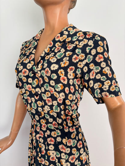 S | 1940s Rayon Floral Dress