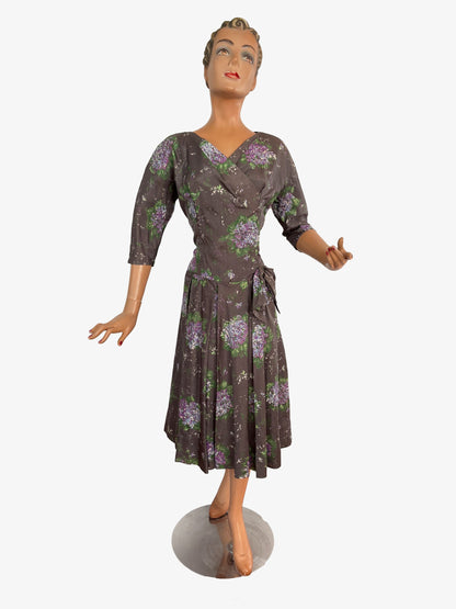 M | 1950s Hand Painted Silk Wrap Dress