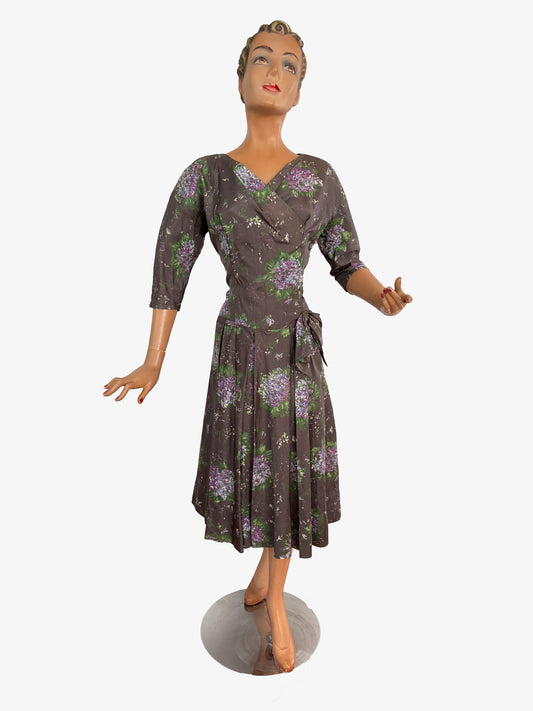 M | 1950s Hand Painted Silk Wrap Dress