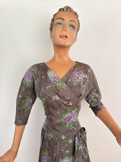 M | 1950s Hand Painted Silk Wrap Dress
