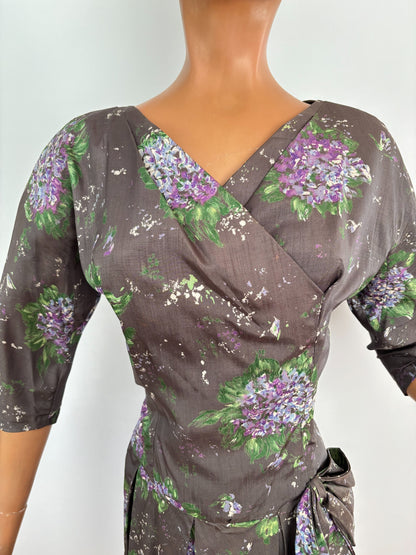 M | 1950s Hand Painted Silk Wrap Dress