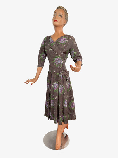 M | 1950s Hand Painted Silk Wrap Dress