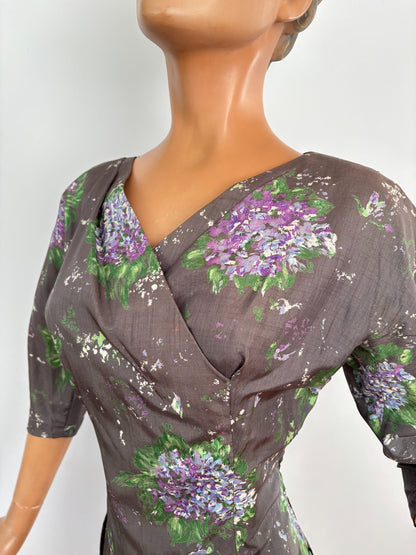 M | 1950s Hand Painted Silk Wrap Dress