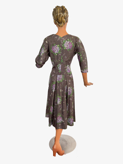 M | 1950s Hand Painted Silk Wrap Dress