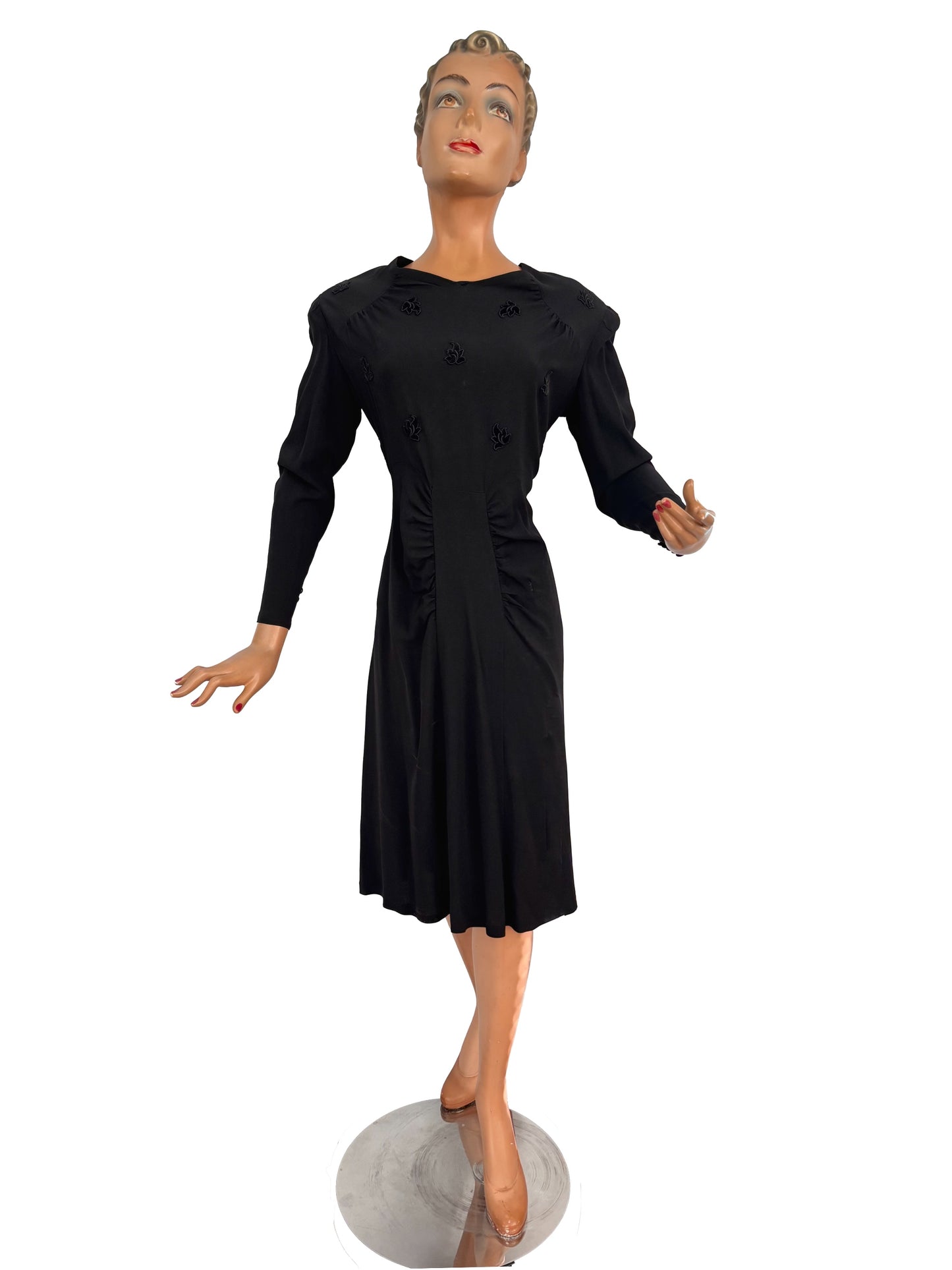 L | 1940s Black Crepe Dress With Appliqué Bodice