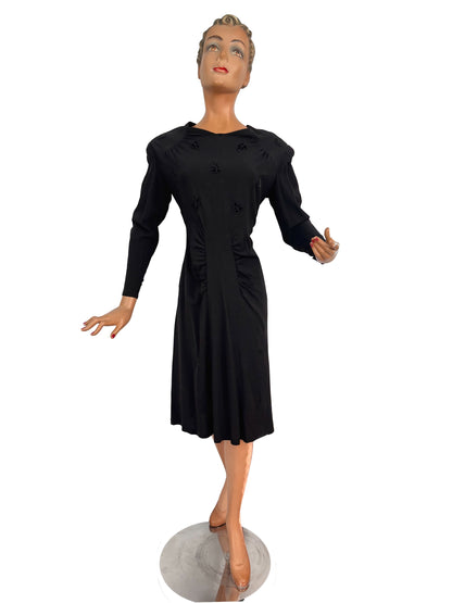 L | 1940s Black Crepe Dress With Appliqué Bodice