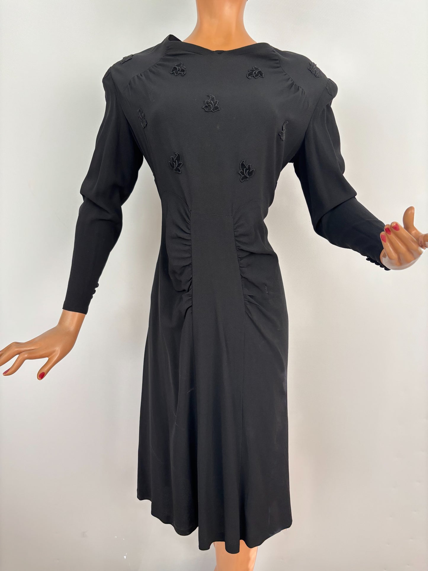 L | 1940s Black Crepe Dress With Appliqué Bodice